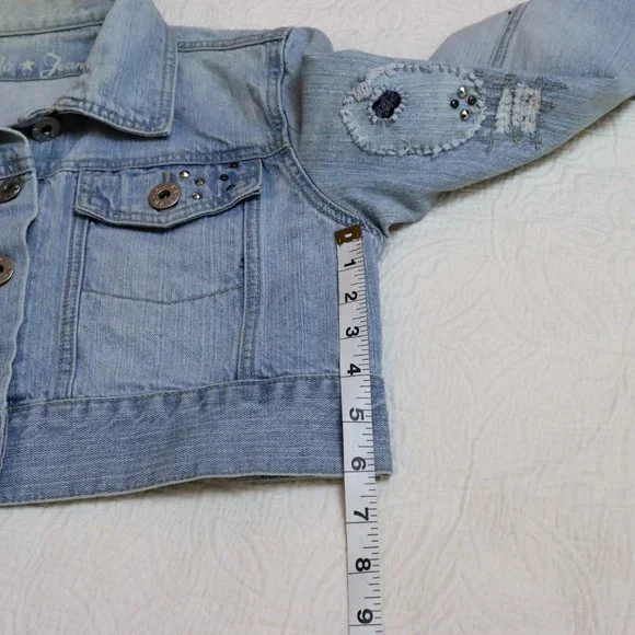 Vanilla Star Jeans | Light Wash Distressed Embroidered Cropped Jean Jacket - Picture 16 of 16